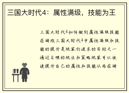 三国大时代4：属性满级，技能为王